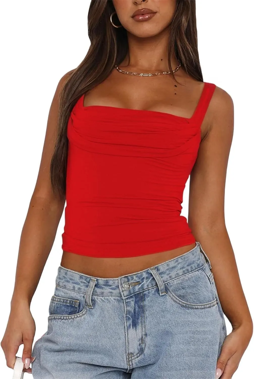 ForeFair Women Backless Ruched Tank Tops Sleeveless Square Neck Going Out Top Strappy Tight Slim Fit Cute Crop Top
