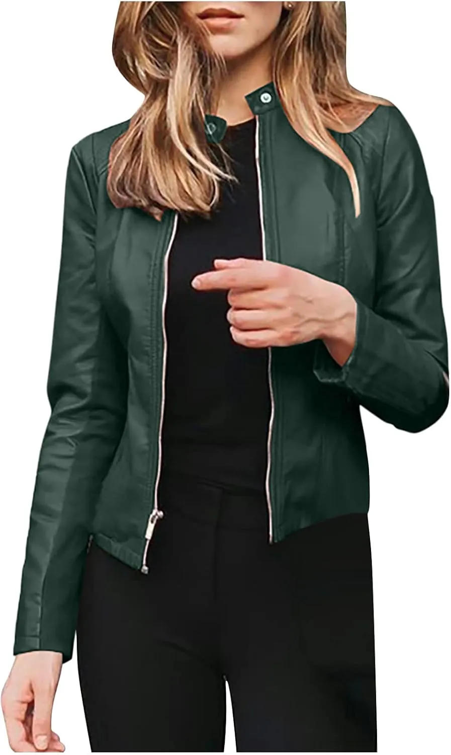 FZYLQY Women's 2024 Fall Faux Leather Biker Motorcycle Jacket Fashion Plus Size Long Sleeve Zipper Slim Fit Short Casual Coat