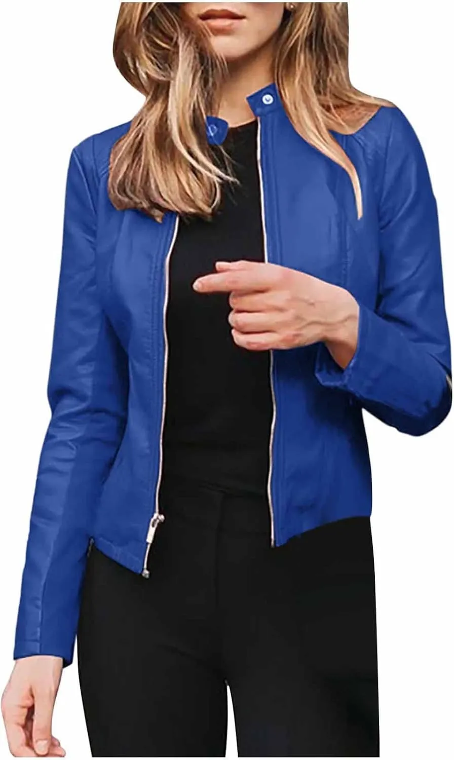 FZYLQY Women's 2024 Fall Faux Leather Biker Motorcycle Jacket Fashion Plus Size Long Sleeve Zipper Slim Fit Short Casual Coat