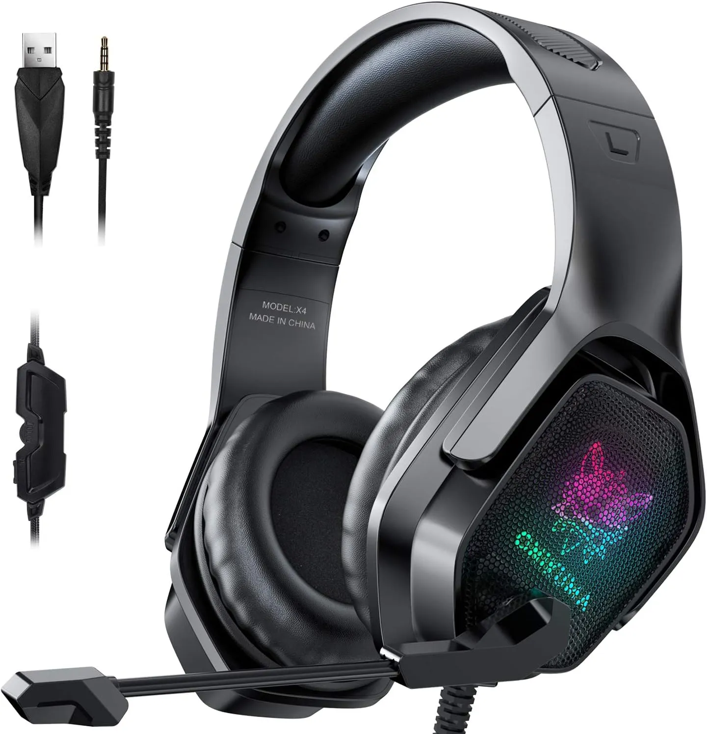 Gaming Headset with Microphone, Noise Canceling Headphones with 3D Surround Sound Stereo, Soft Earmuff & RGB LED Light, Over-Ear Game Headphones for PC, PS4, Xbox One, PS5, Mac, Laptop-Black