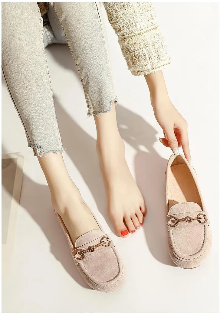 Geerta Women's Moccasins Cute Fashion Chain Decorated Low Top Round Toe Shoes Orthopedic Sandals, Cute Casual Comfortable Lightweight Slip on Shoes, Female Solid All-Match Loafers for Everyday Wear