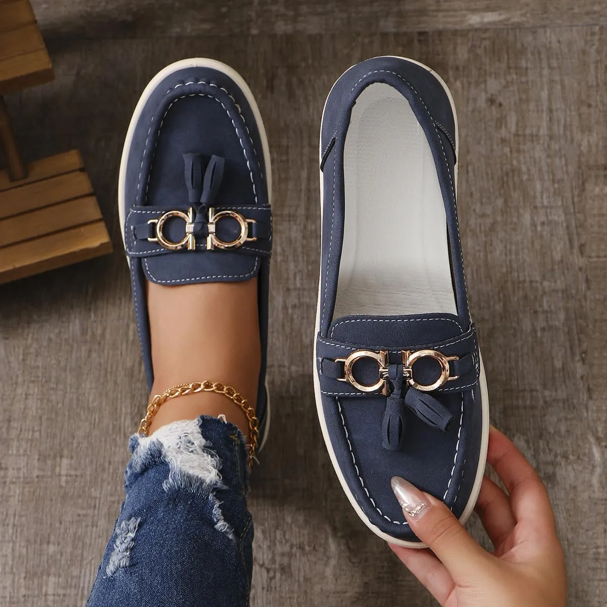 Geerta Women's Moccasins Cute Fashion Chain Decorated Round Toe Low Top Shoes Orthopedic Sandals, Casual Comfortable Lightweight Slip on Shoes, Female Solid All-Match Loafers Beach Travel, Daily Wear