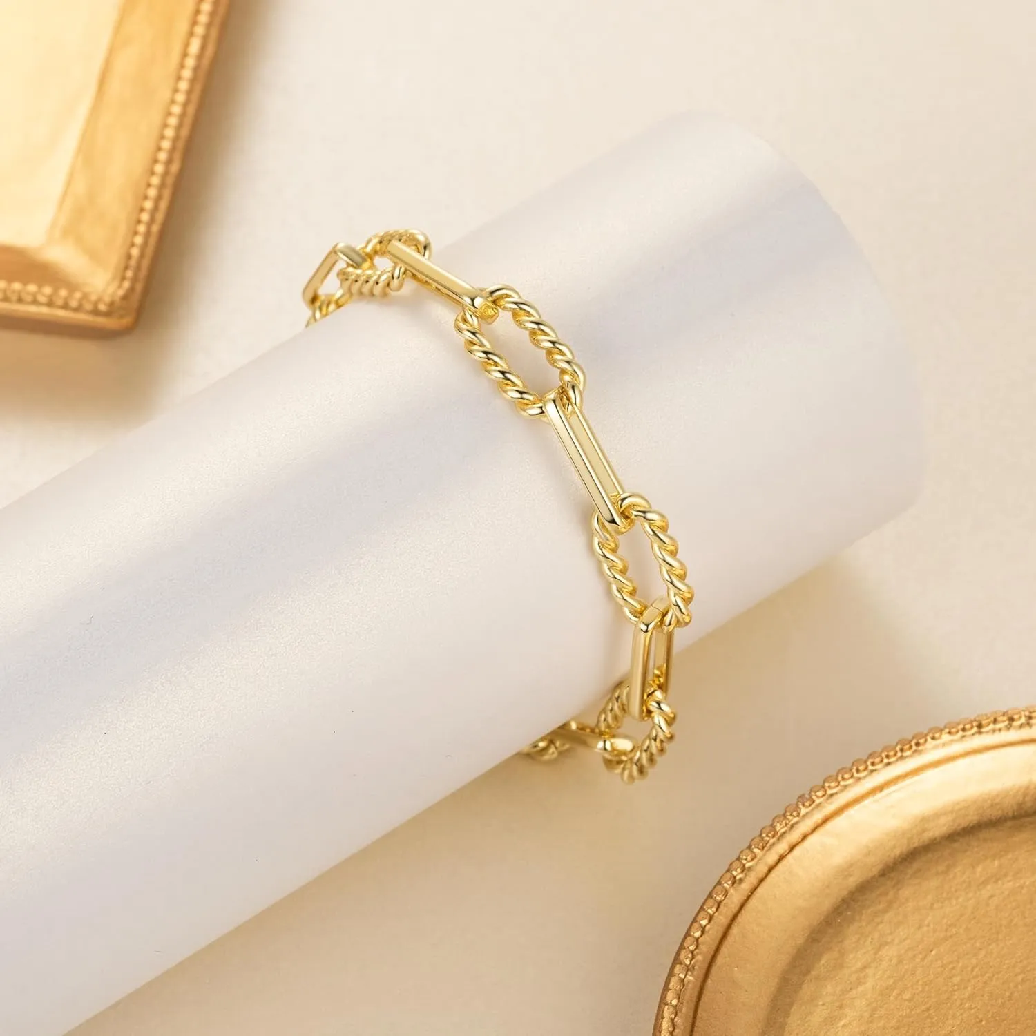 Gold Bracelets for Women & Men Cable Link Paperclip Chain Bracelet for Women Dainty Gold Bracelet Stack Textured Gifts 6.5'' 7.5'' 8.5'' 9.5''