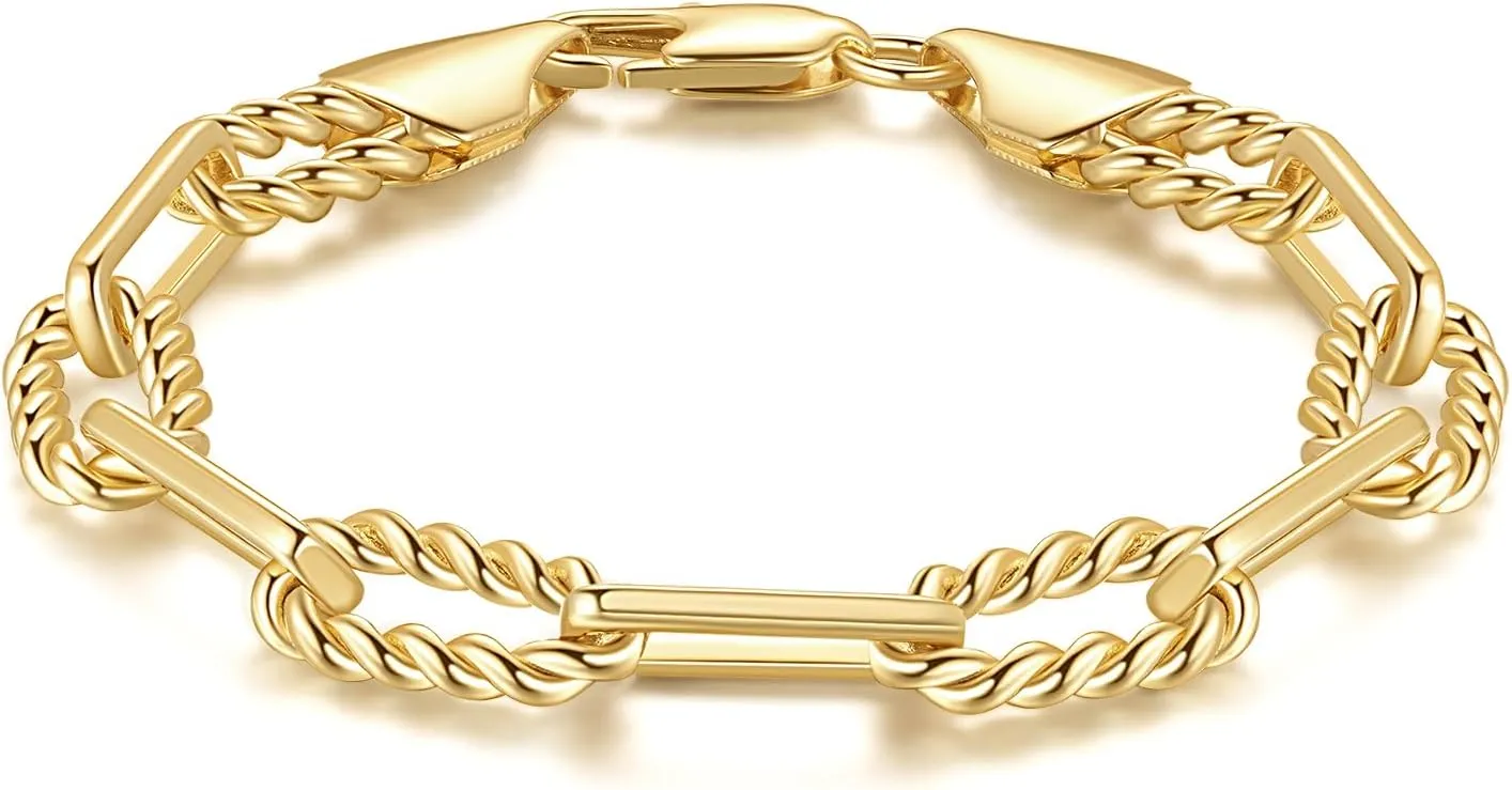 Gold Bracelets for Women & Men Cable Link Paperclip Chain Bracelet for Women Dainty Gold Bracelet Stack Textured Gifts 6.5'' 7.5'' 8.5'' 9.5''