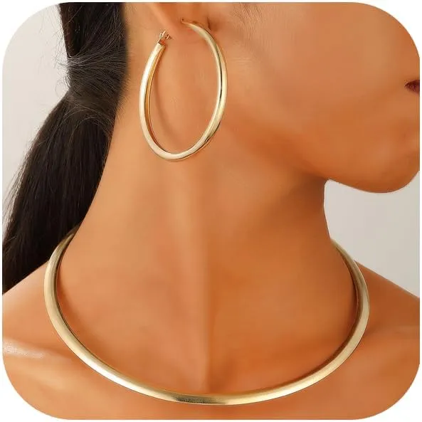Gold Choker Necklaces Earrings Set Chunky Gold Necklace for Women Gold Hoop Earrings Necklace Set Statement Necklace Earrings Set Jewelry for Women