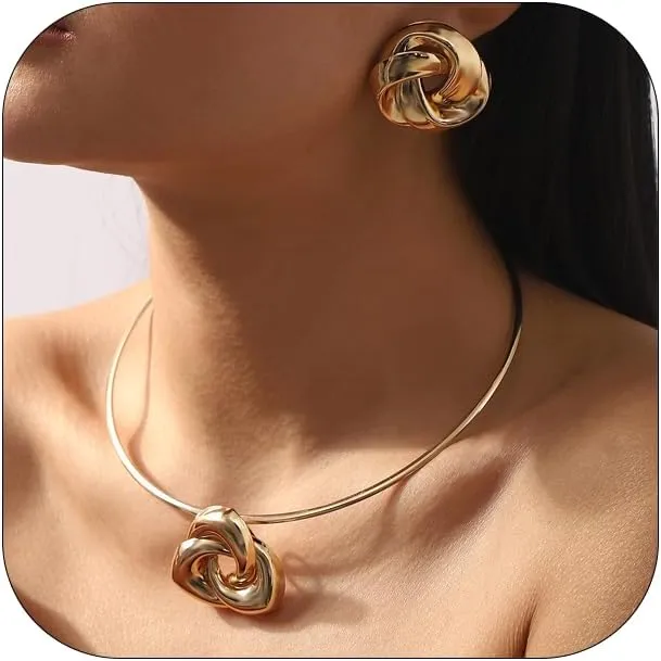 Gold Choker Necklaces Earrings Set For Woman Minimalist Geometric Pendant Collar Necklace Earrings Gold Hoop Statement Pendant Jewelry Set For Women