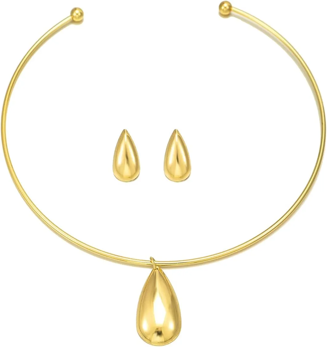 Gold Choker Necklaces Earrings Set For Woman Minimalist Geometric Pendant Collar Necklace Earrings Gold Hoop Statement Pendant Jewelry Set For Women