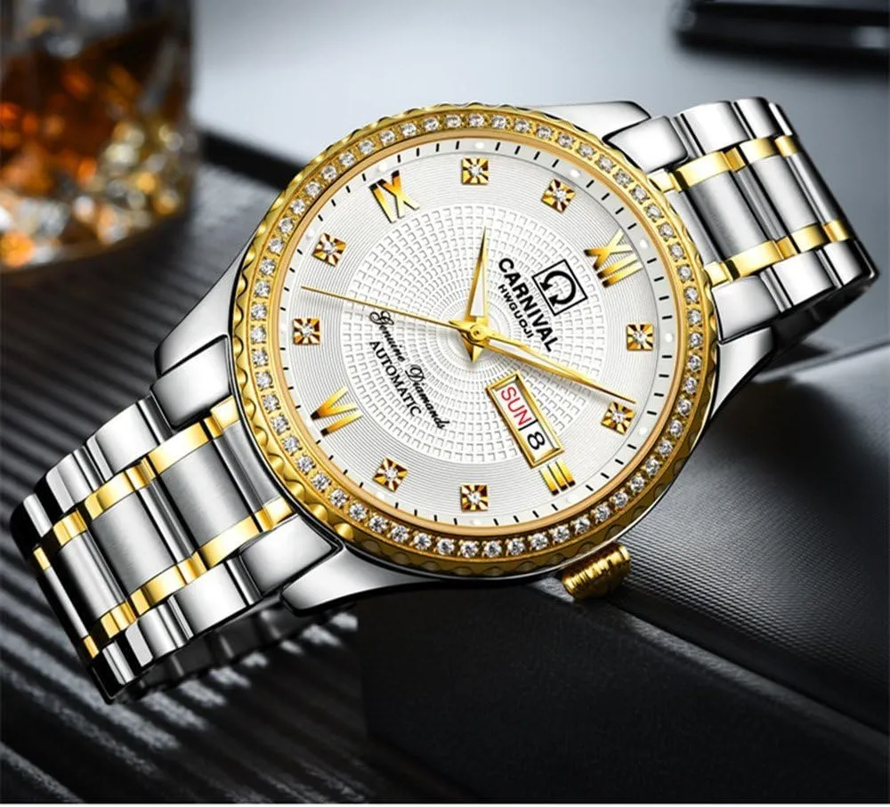 Gosasa Swiss Made Men Luxury Gold Watches,Automatic Analog Display Calendar Week Luminous Gold Stainless Diamond Watches