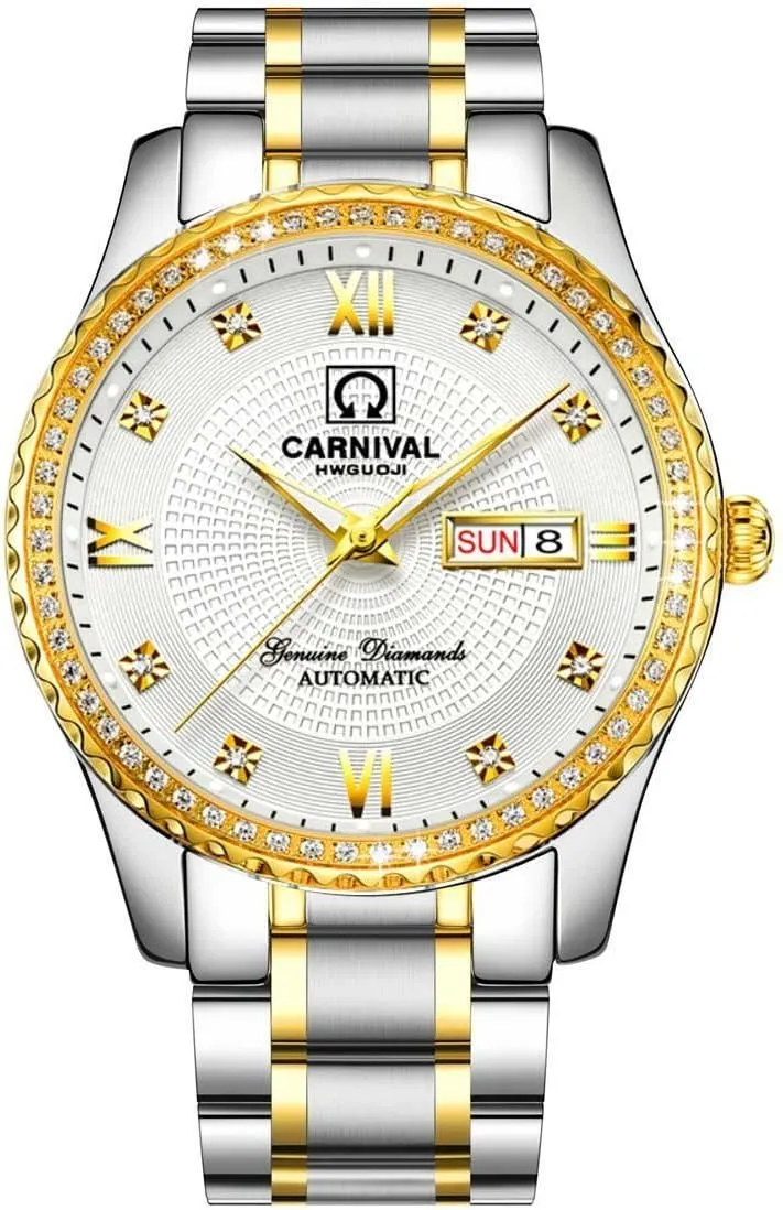Gosasa Swiss Made Men Luxury Gold Watches,Automatic Analog Display Calendar Week Luminous Gold Stainless Diamond Watches