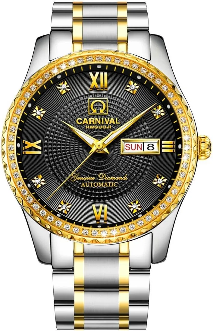 Gosasa Swiss Made Men Luxury Gold Watches,Automatic Analog Display Calendar Week Luminous Gold Stainless Diamond Watches
