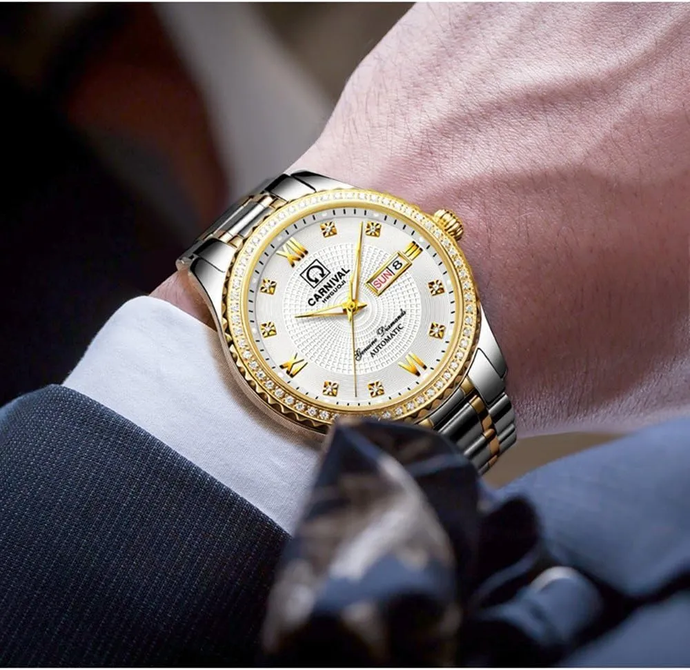 Gosasa Swiss Made Men Luxury Gold Watches,Automatic Analog Display Calendar Week Luminous Gold Stainless Diamond Watches