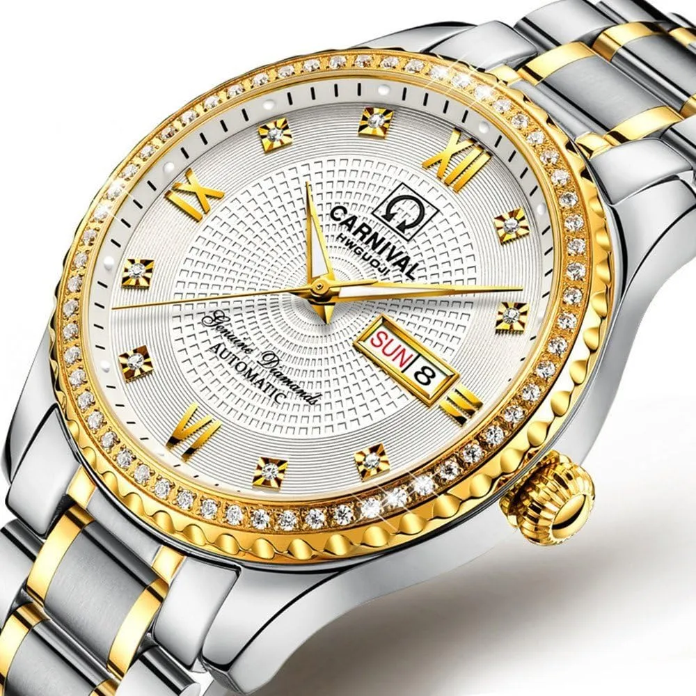 Gosasa Swiss Made Men Luxury Gold Watches,Automatic Analog Display Calendar Week Luminous Gold Stainless Diamond Watches
