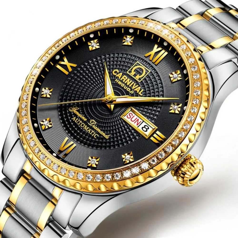 Gosasa Swiss Made Men Luxury Gold Watches,Automatic Analog Display Calendar Week Luminous Gold Stainless Diamond Watches