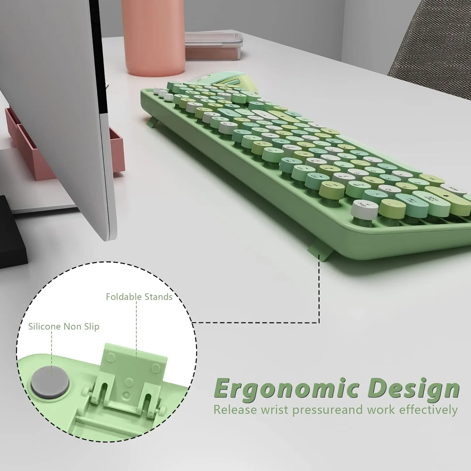 Green Wireless Keyboard and Mouse, KOOTOP Cute Green Colorful Keyboard and Mouse, 2.4G Wireless Keyboard with Retro Round Keycap for PC, Mac, Laptop,Tablet,Computer Windows (Green)