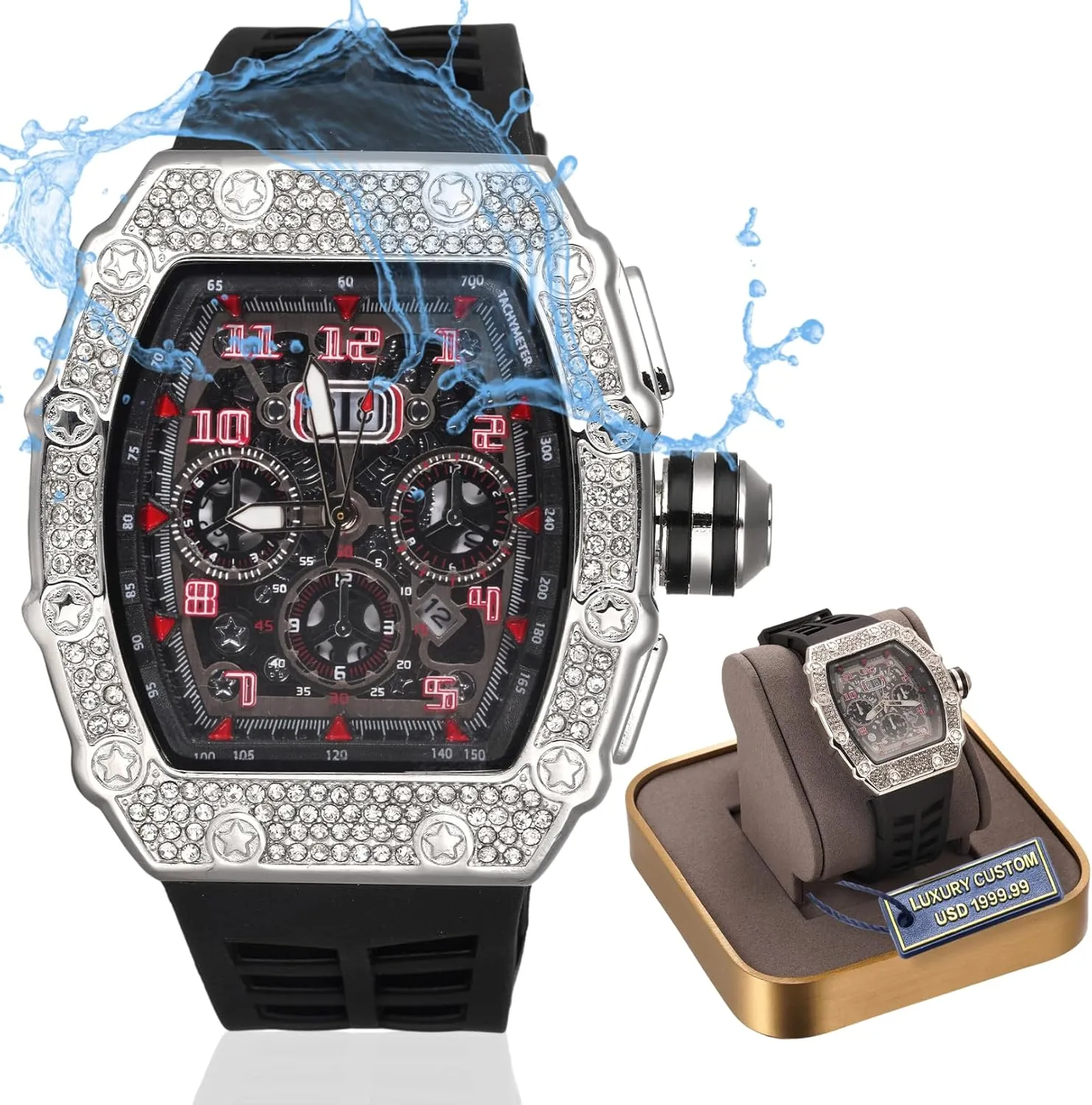 Halukakah Moissanite Diamond Gold Watch for Men,Luxury 18k Real Gold/Platinum White Gold Plated,Basic Waterproof,Mechanical-Inspired Dial Iced Out,Adjustable Black Wristband,Giftbox Included,Luxury Gift for Son Grandson Dad Husband Boyfriend