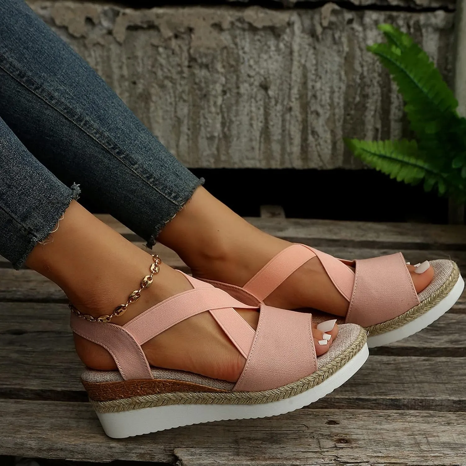 Hbeylia Orthopedic Wedge Sandals for Women Summer Dressy Peep Toe Slip On Strappy Platform Chunky Bottom Sandals Casual Espadrilles Anti-Slip Sandals Comfortable Dress Shoes