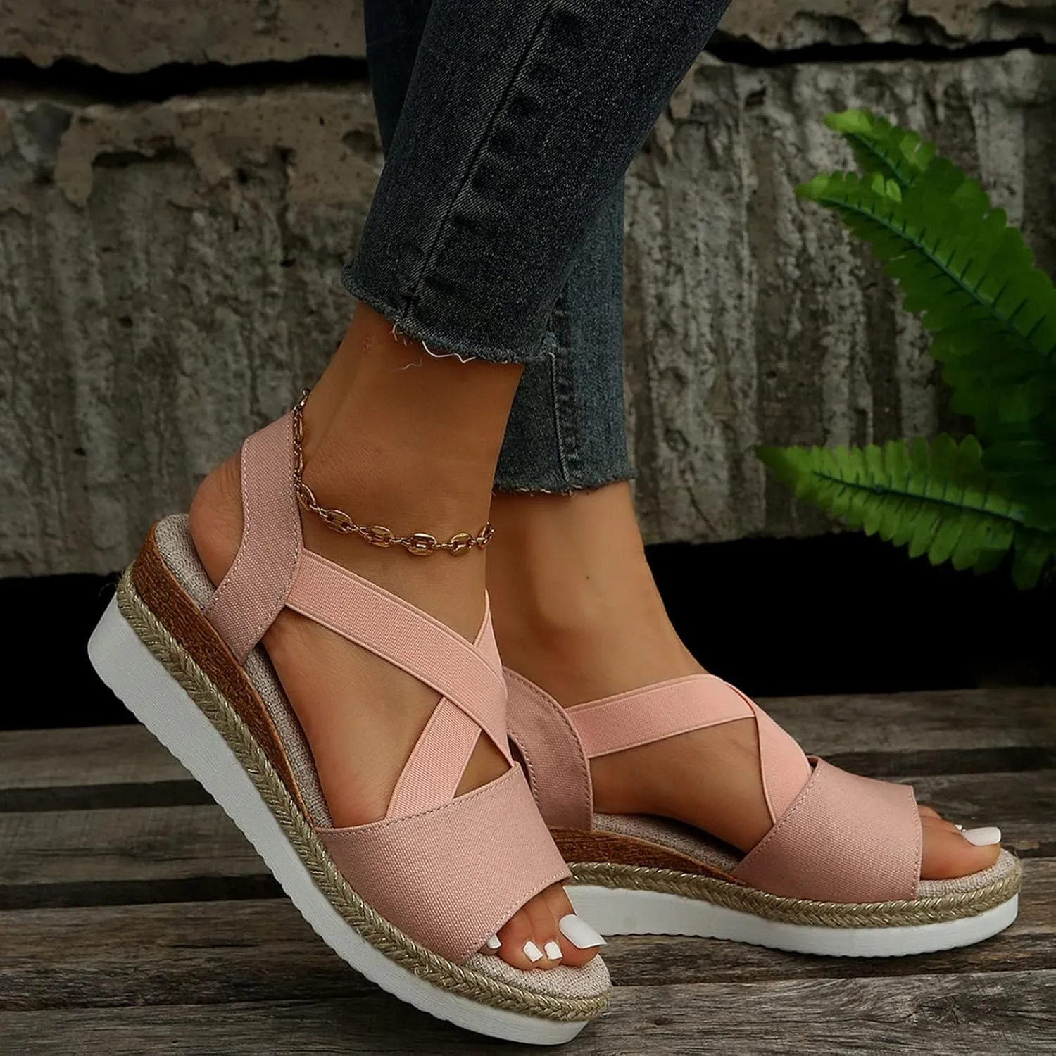 Hbeylia Orthopedic Wedge Sandals for Women Summer Dressy Peep Toe Slip On Strappy Platform Chunky Bottom Sandals Casual Espadrilles Anti-Slip Sandals Comfortable Dress Shoes