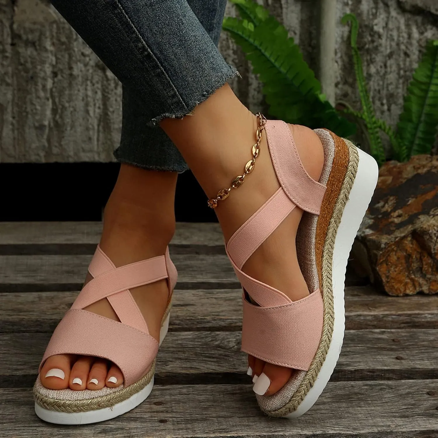 Hbeylia Orthopedic Wedge Sandals for Women Summer Dressy Peep Toe Slip On Strappy Platform Chunky Bottom Sandals Casual Espadrilles Anti-Slip Sandals Comfortable Dress Shoes