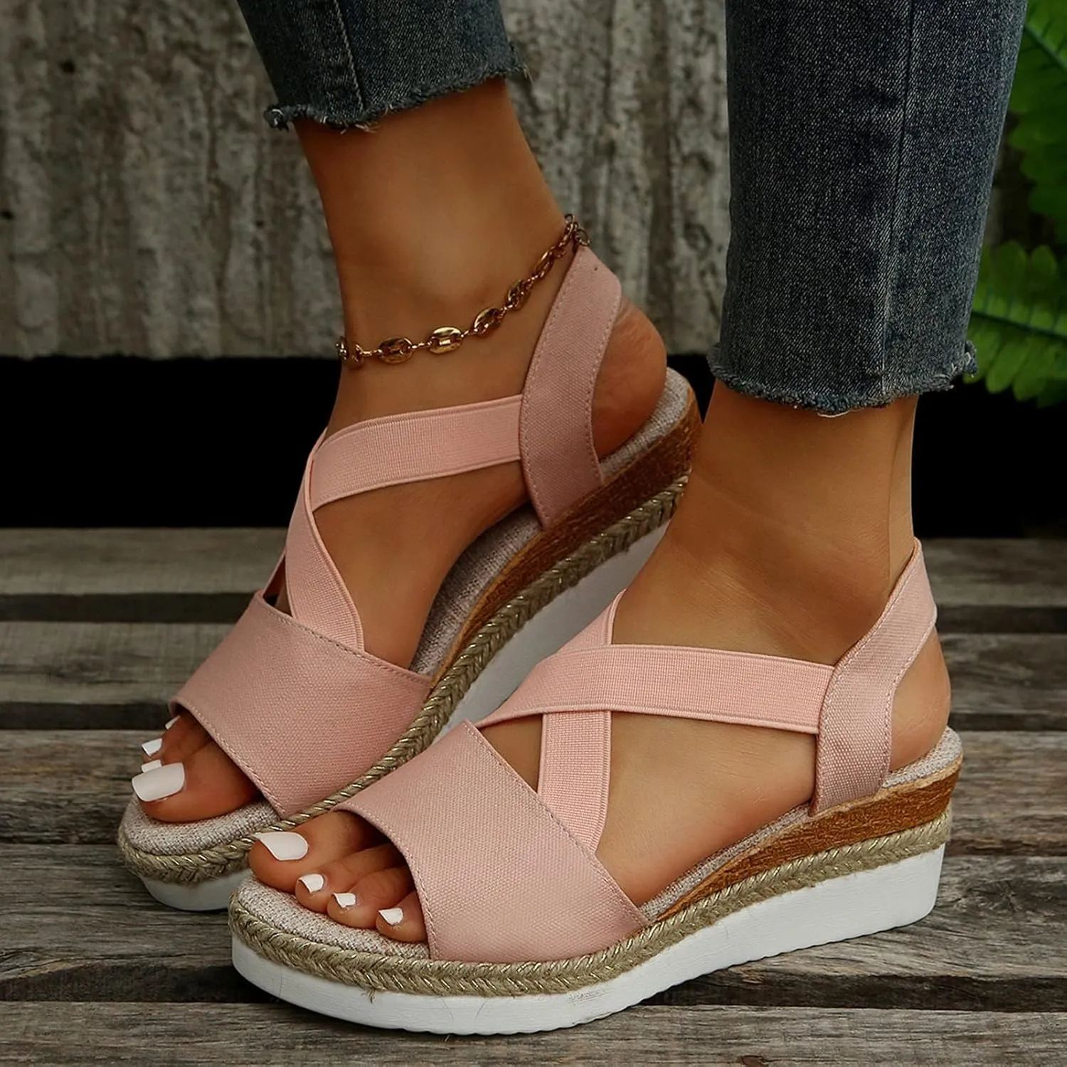 Hbeylia Orthopedic Wedge Sandals for Women Summer Dressy Peep Toe Slip On Strappy Platform Chunky Bottom Sandals Casual Espadrilles Anti-Slip Sandals Comfortable Dress Shoes