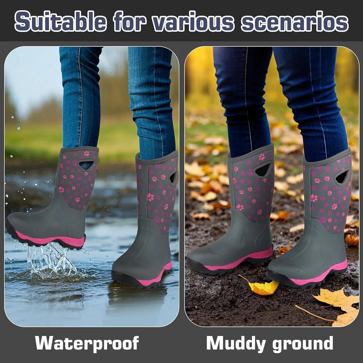 Hellorain Rain Boots for Women Mid Calf Rubber Boots Waterproof Neoprene Insulated Barn Boots for Girl Mud Working Gardening, Farming, Hiking Fishing Water Boots