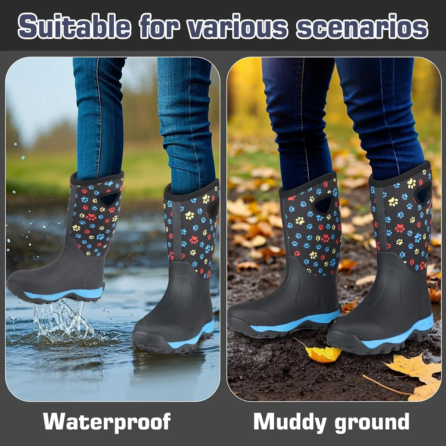 Hellorain Rain Boots for Women Mid Calf Rubber Boots Waterproof Neoprene Insulated Barn Boots for Girl Mud Working Gardening, Farming, Hiking Fishing Water Boots