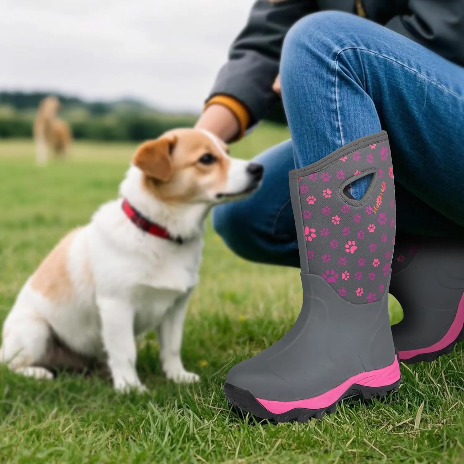 Hellorain Rain Boots for Women Mid Calf Rubber Boots Waterproof Neoprene Insulated Barn Boots for Girl Mud Working Gardening, Farming, Hiking Fishing Water Boots