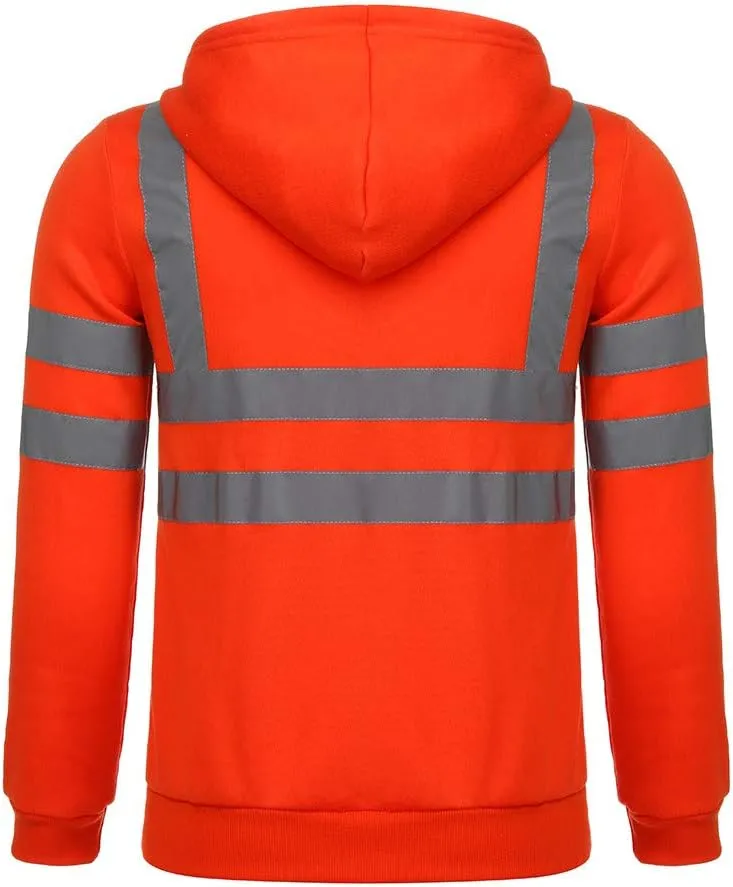 High Visibility Safety Sweatshirt for Men Class 3 Reflective Strips Zipper Up Hooded Jacket Work Utility Hi-Vis Hoodies