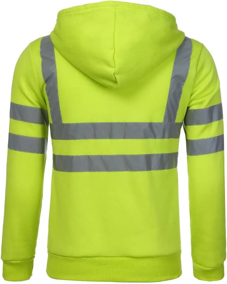 High Visibility Safety Sweatshirt for Men Class 3 Reflective Strips Zipper Up Hooded Jacket Work Utility Hi-Vis Hoodies