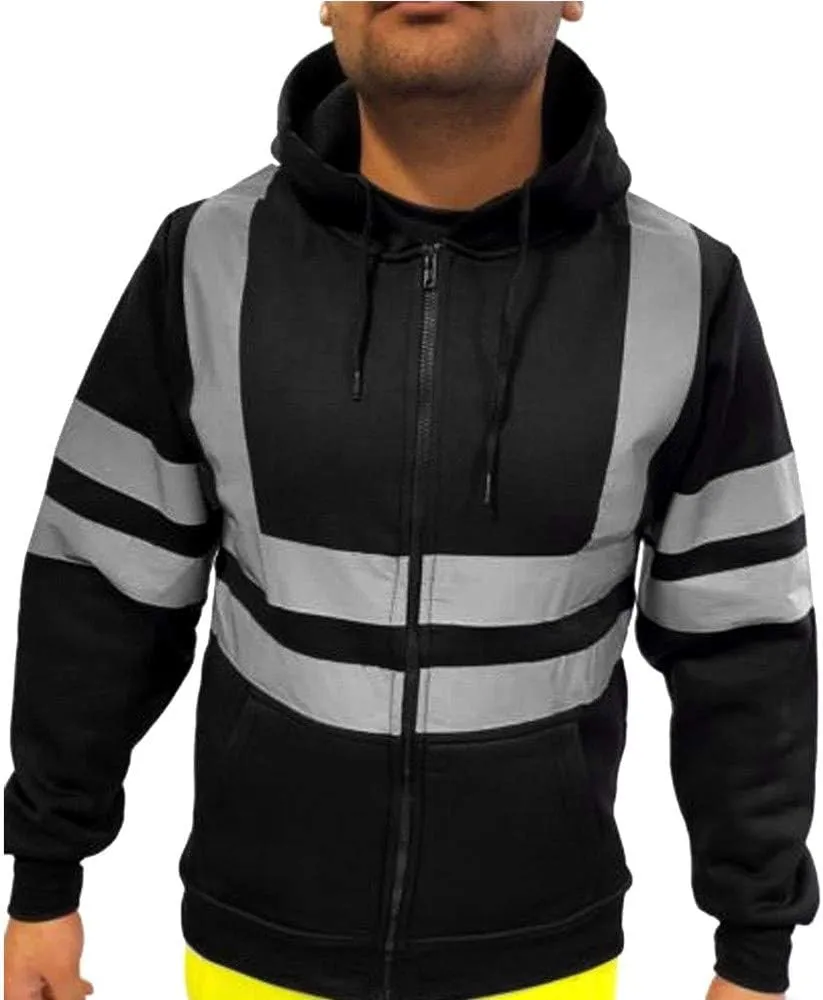 High Visibility Safety Sweatshirt for Men Class 3 Reflective Strips Zipper Up Hooded Jacket Work Utility Hi-Vis Hoodies