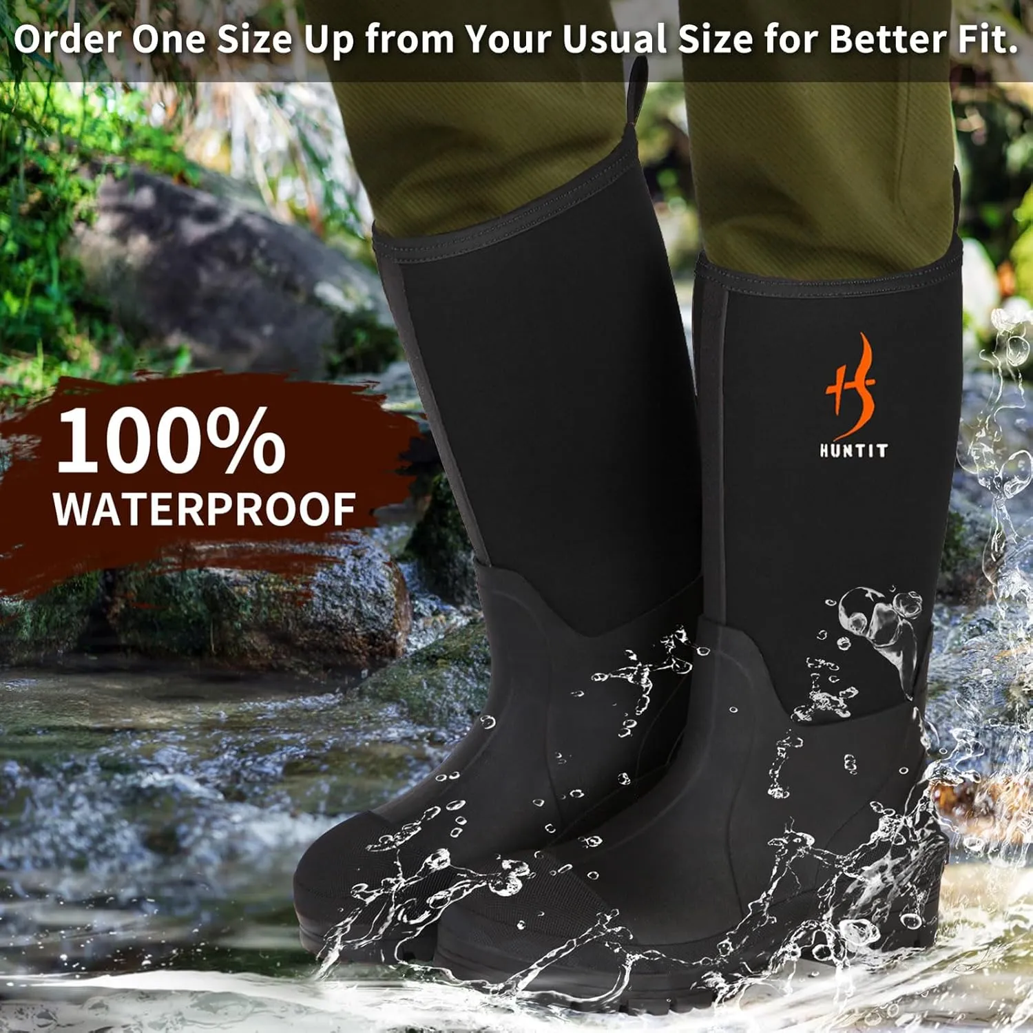 HUNTIT Rubber Work Boots for Men Kevlar Midsole Steel Toe Multi-Season Waterproof Rubber Boots 5mm Neoprene 400g Insulated Rain Boots Anti Slip Mud Boots