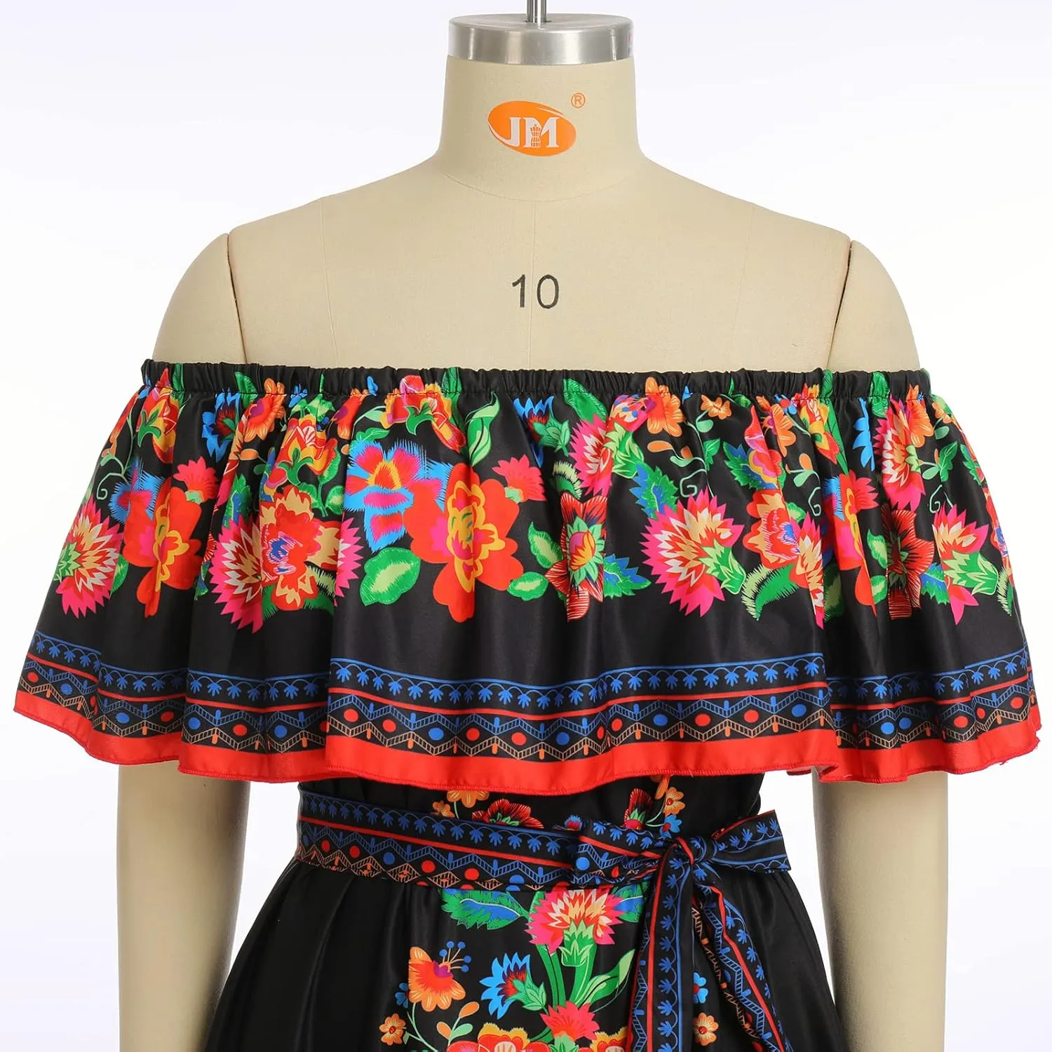 IDOPIP Mexican Dresses for Women Floral Embroidered Maxi Dresses Summer Ruffle Off Shoulder Traditional Fiesta Party Vestidos