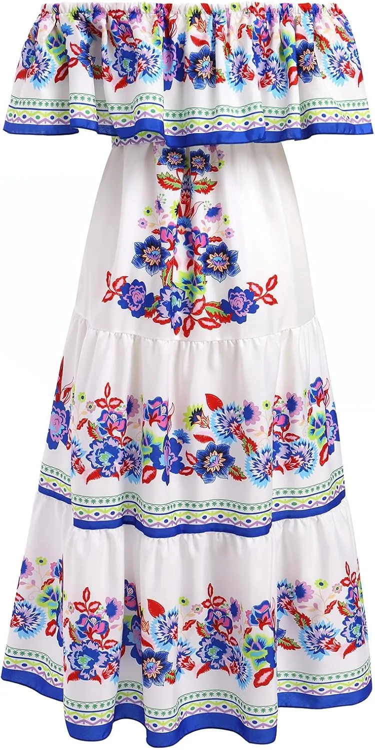IDOPIP Mexican Dresses for Women Floral Embroidered Maxi Dresses Summer Ruffle Off Shoulder Traditional Fiesta Party Vestidos