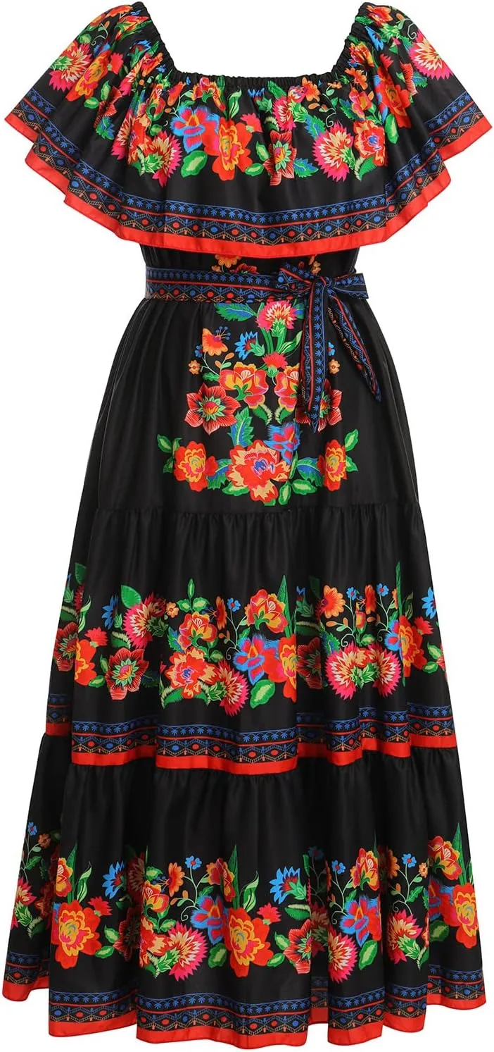 IDOPIP Mexican Dresses for Women Floral Embroidered Maxi Dresses Summer Ruffle Off Shoulder Traditional Fiesta Party Vestidos