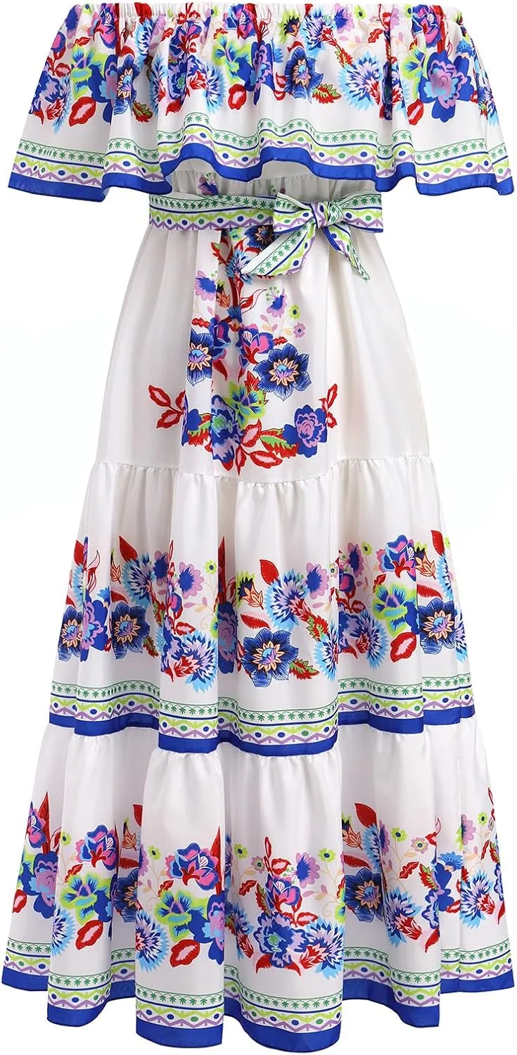 IDOPIP Mexican Dresses for Women Floral Embroidered Maxi Dresses Summer Ruffle Off Shoulder Traditional Fiesta Party Vestidos