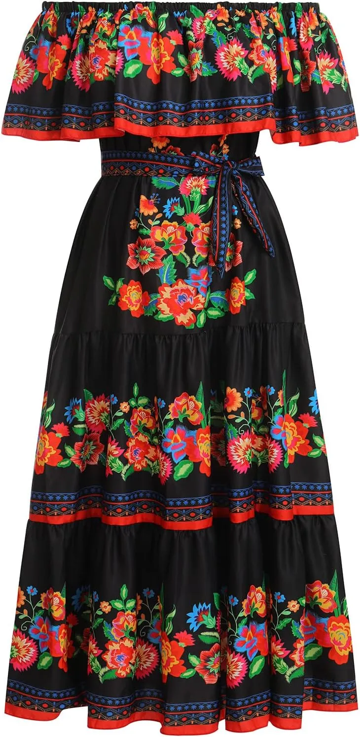 IDOPIP Mexican Dresses for Women Floral Embroidered Maxi Dresses Summer Ruffle Off Shoulder Traditional Fiesta Party Vestidos
