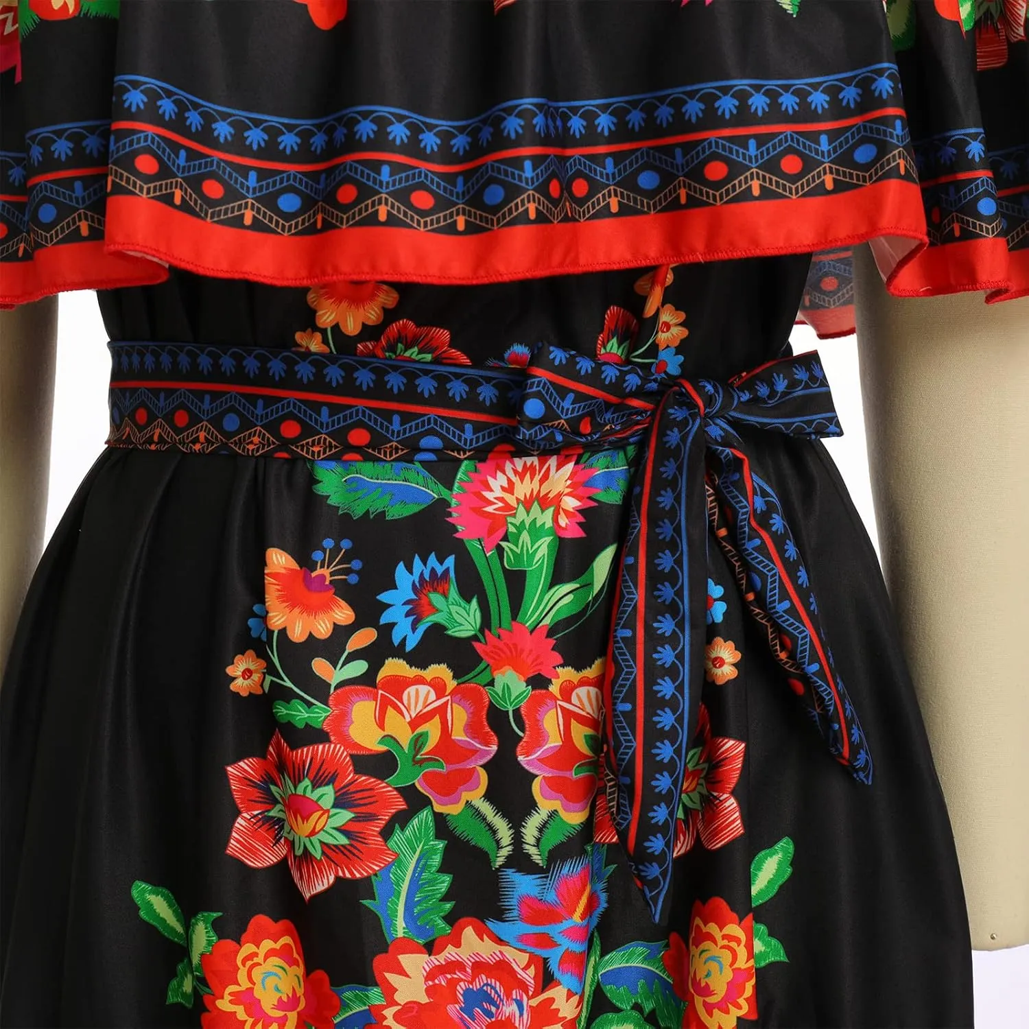 IDOPIP Mexican Dresses for Women Floral Embroidered Maxi Dresses Summer Ruffle Off Shoulder Traditional Fiesta Party Vestidos