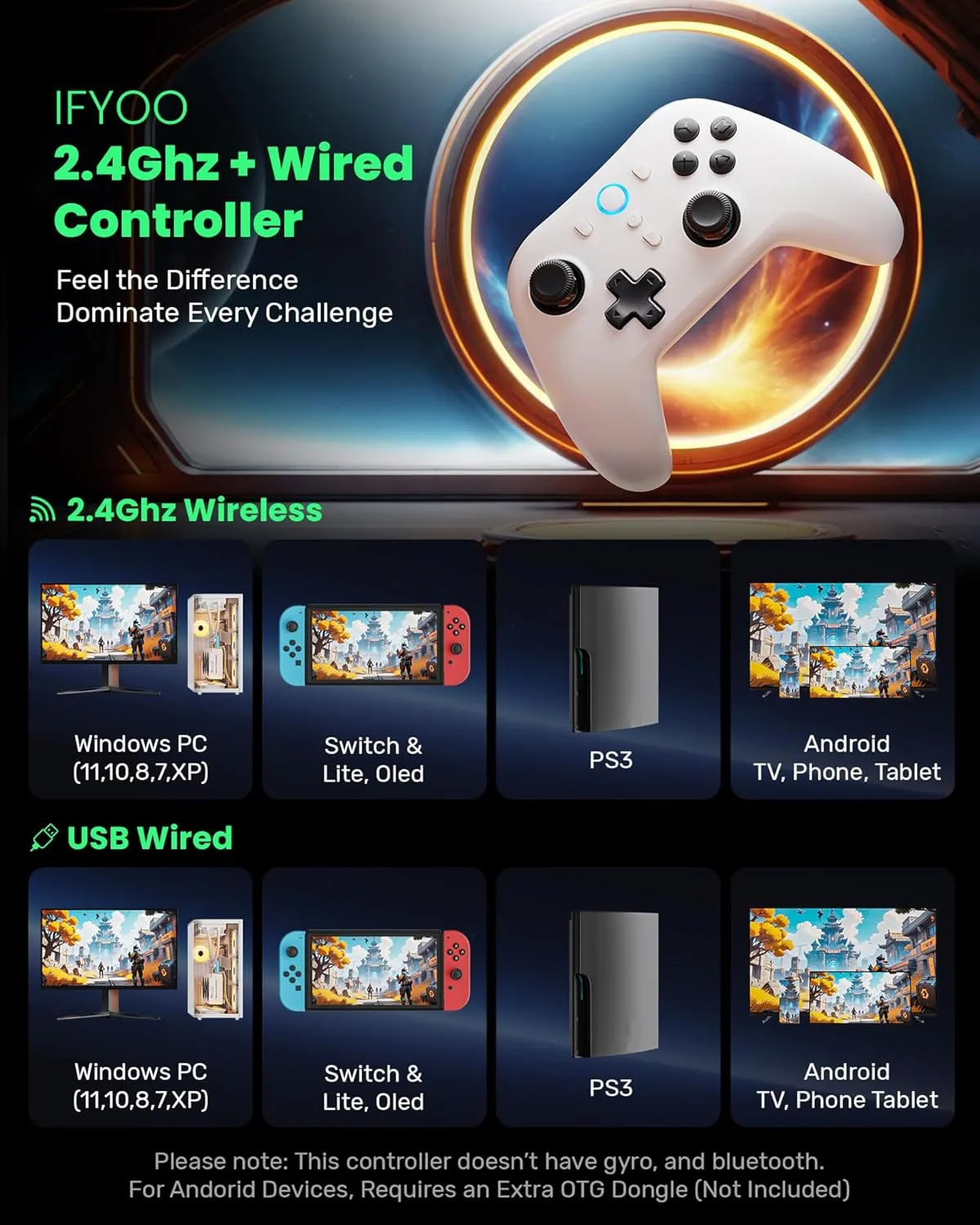 IFYOO N1 2.4G Wireless Gaming Controller, Hall Effect Trigger and Joystick, for PC Computer Laptop (Win 11/10/8/7), Steam, Android, PS3, Switch(No Gyro), Wired Game Controller Dual-Mode Gamepad