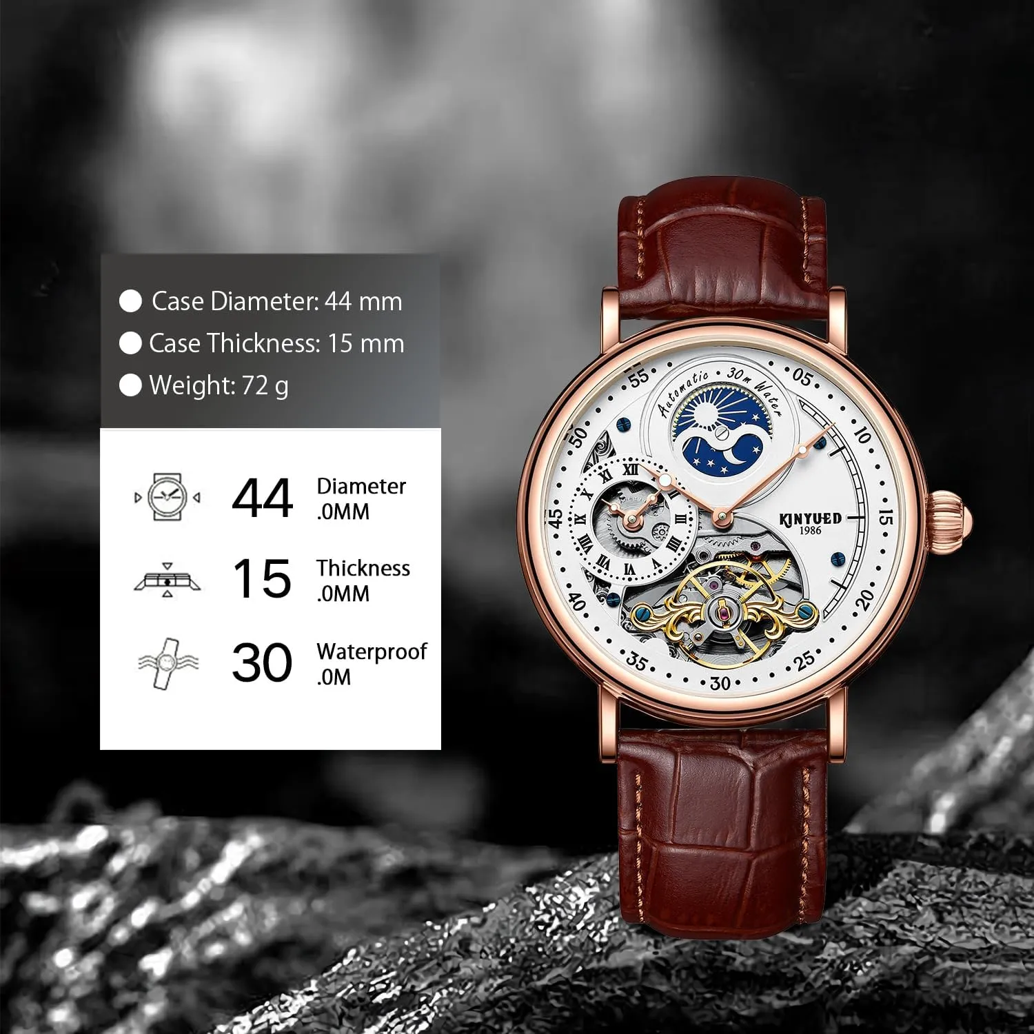 IK COLOURING Mens Luxury Skeleton Automatic Mechanical Wrist Watches Leather Moon Phrase Luminous Hands Self-Wind Watch,Tourbillon Automatic Waterproof Wrist Watch for Men Gift