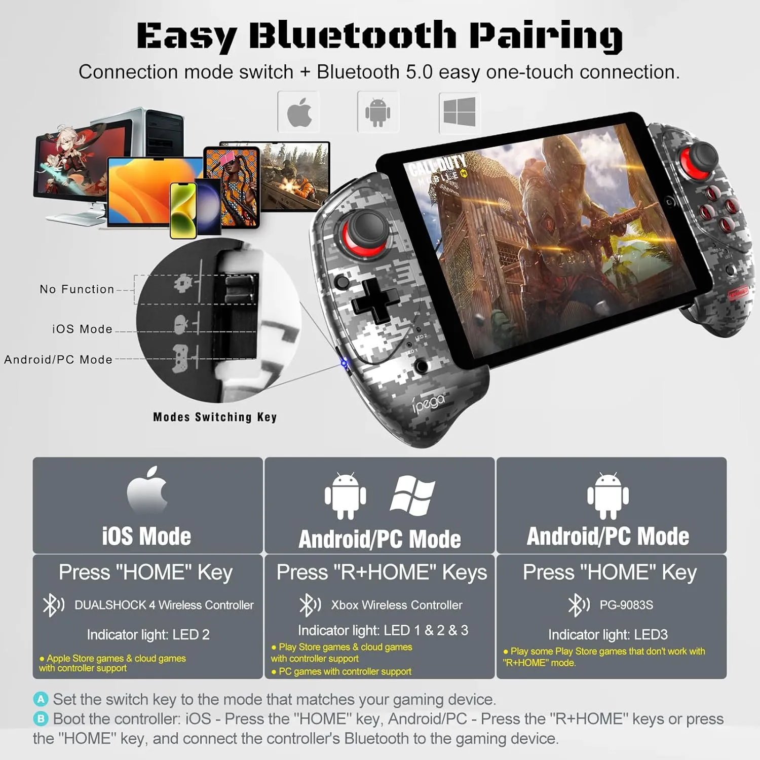 Joso Game Controller for iPad & Tablet, Bluetooth Mobile Gaming Controller Compatible with iPad Pro (11")/Air/Mini, iPhone, Android, Cloud Gaming - Ergonomic Design for Playing COD Mobile & More