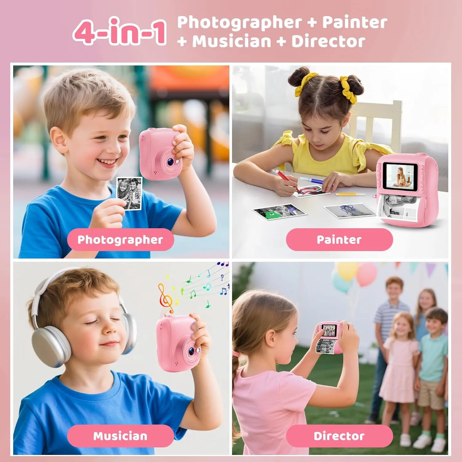 Kids Camera Instant Print, Instant Camera for Girls, Digital Camera Birthday Gifts for Toddler Age 3-12, Portable Travel Toy for 4 5 6 7 8 9 10 11 Year Old Girls Boys(Pink)