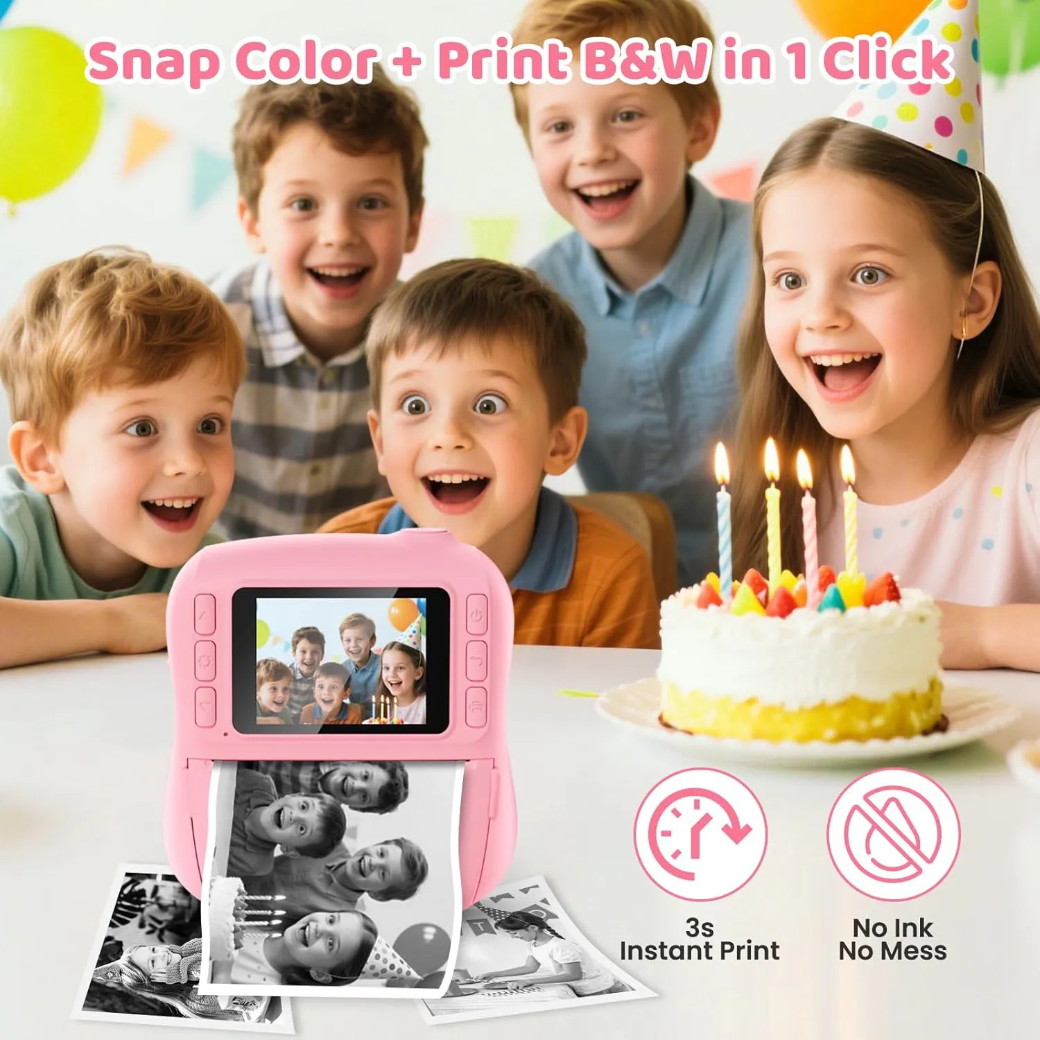 Kids Camera Instant Print, Instant Camera for Girls, Digital Camera Birthday Gifts for Toddler Age 3-12, Portable Travel Toy for 4 5 6 7 8 9 10 11 Year Old Girls Boys(Pink)