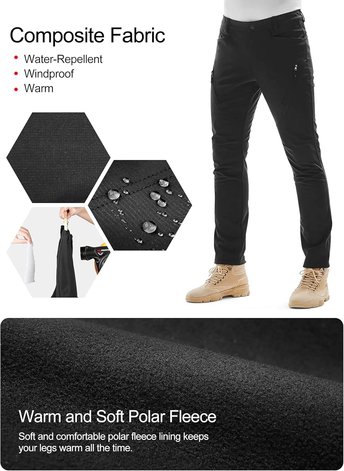 KUTOOK Men's Hiking Pants Softshell Ski Snow Pants Thermal Fleece Lined Water Resistant Outdoor Trousers with 6 Pockets