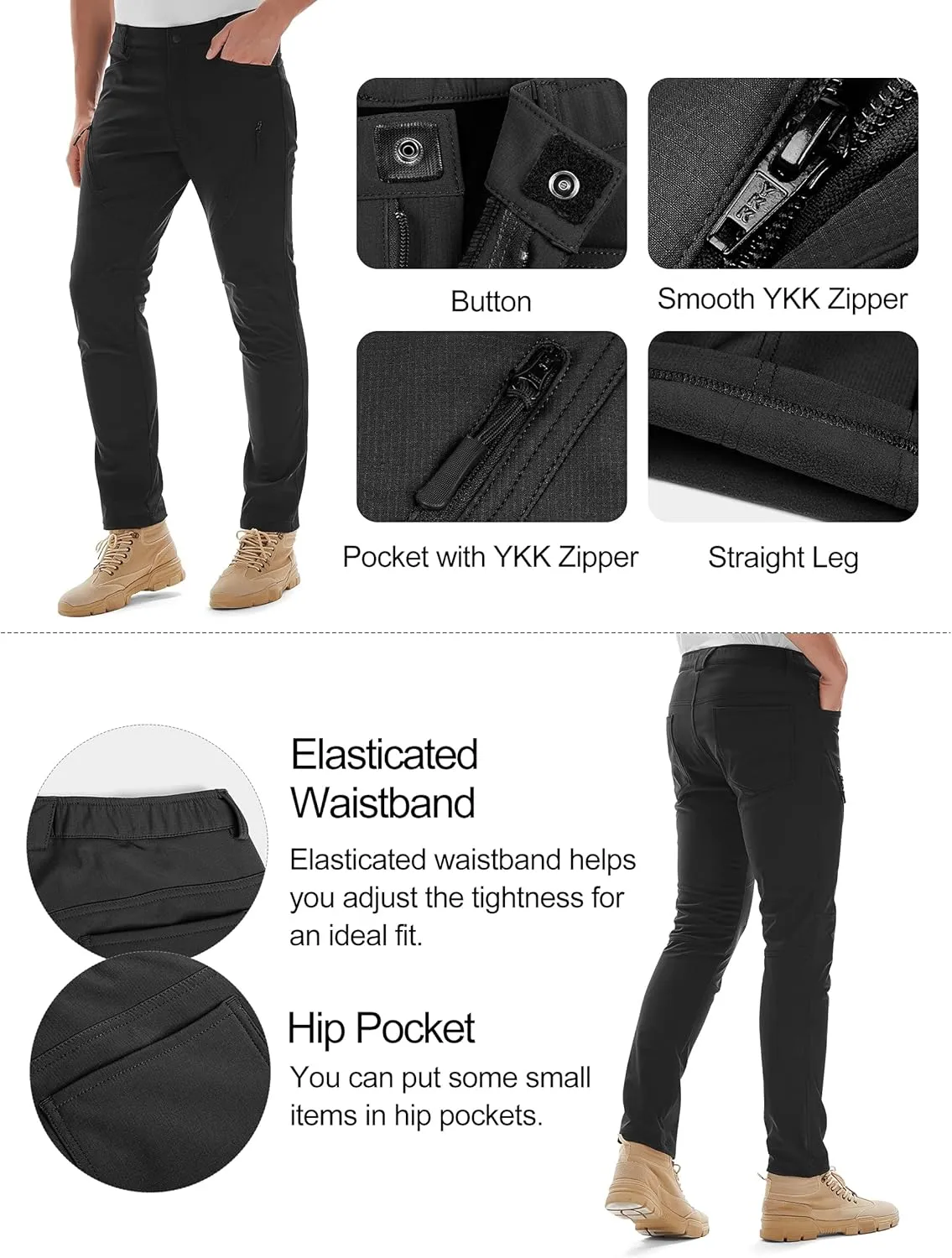 KUTOOK Men's Hiking Pants Softshell Ski Snow Pants Thermal Fleece Lined Water Resistant Outdoor Trousers with 6 Pockets