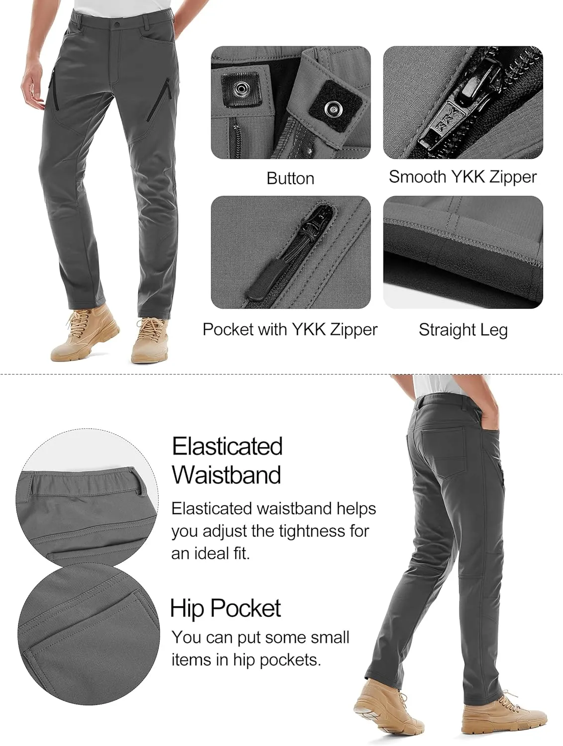KUTOOK Men's Hiking Pants Softshell Ski Snow Pants Thermal Fleece Lined Water Resistant Outdoor Trousers with 6 Pockets