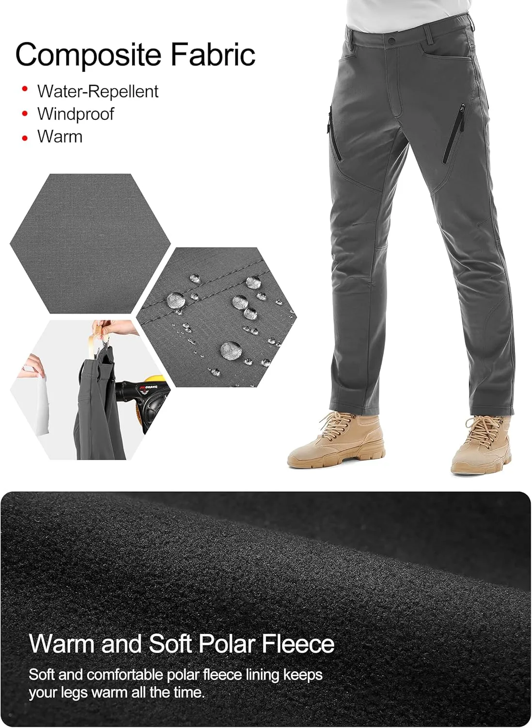KUTOOK Men's Hiking Pants Softshell Ski Snow Pants Thermal Fleece Lined Water Resistant Outdoor Trousers with 6 Pockets