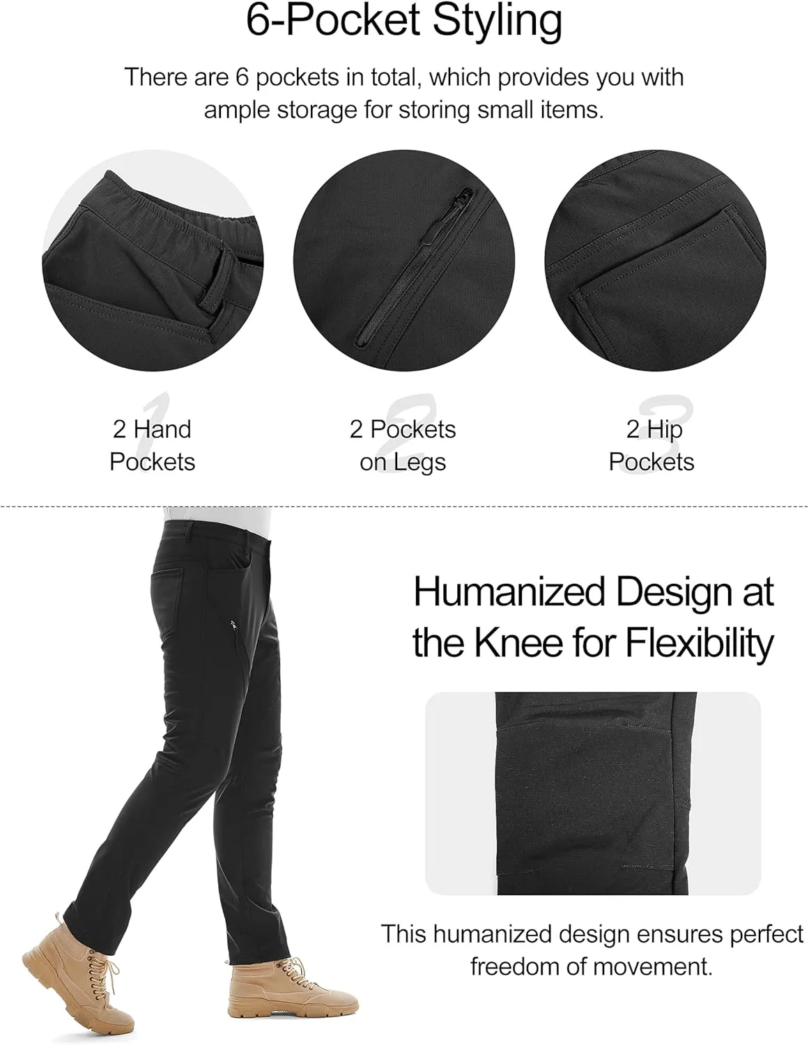 KUTOOK Men's Hiking Pants Softshell Ski Snow Pants Thermal Fleece Lined Water Resistant Outdoor Trousers with 6 Pockets