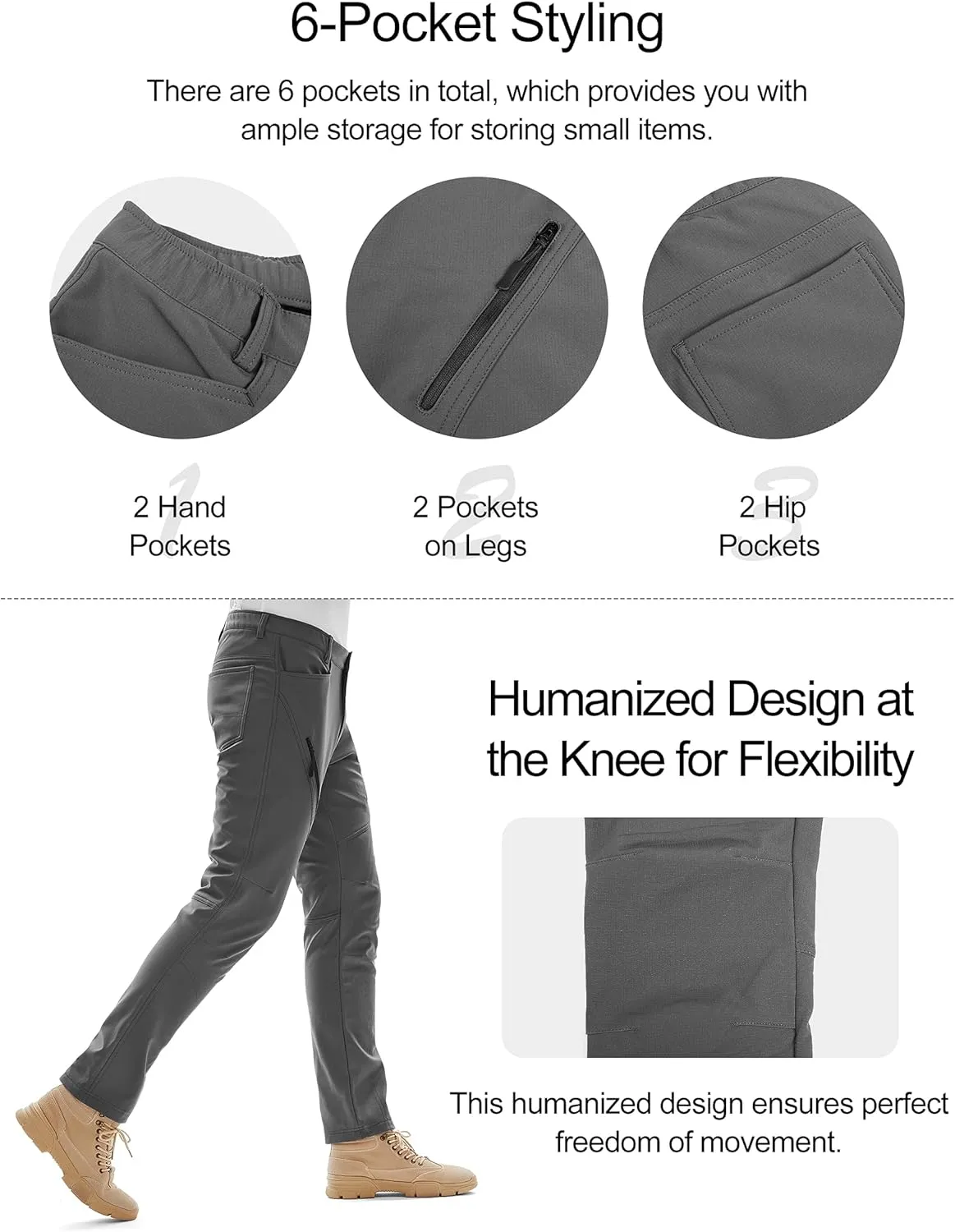 KUTOOK Men's Hiking Pants Softshell Ski Snow Pants Thermal Fleece Lined Water Resistant Outdoor Trousers with 6 Pockets