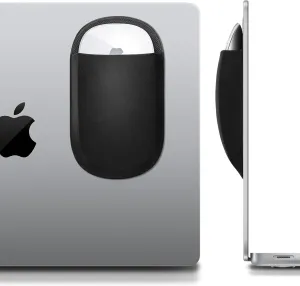 Lacdo Universal Stick-on Mouse Pouch, Slim Mouse Holder, Case for Magic Mouse 1 2, with Reusable Adhesive, No Glue Residue, Compact Elastic Pouch/Carrying Sleeve, Compatible with iPad MacBook, Black