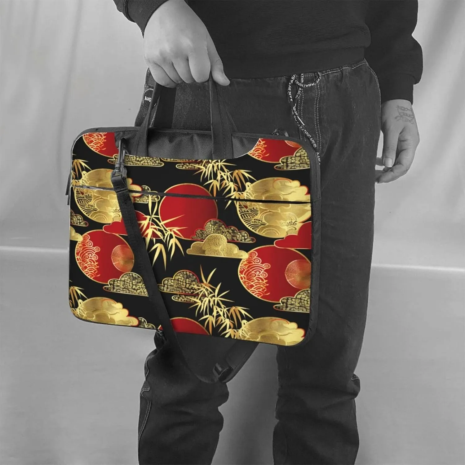 Laptop Bag Japanese Bamboo Geometric Red Golden Laptop Tote Bag Women Men Laptop Sleeve Case Lightweight Briefcase