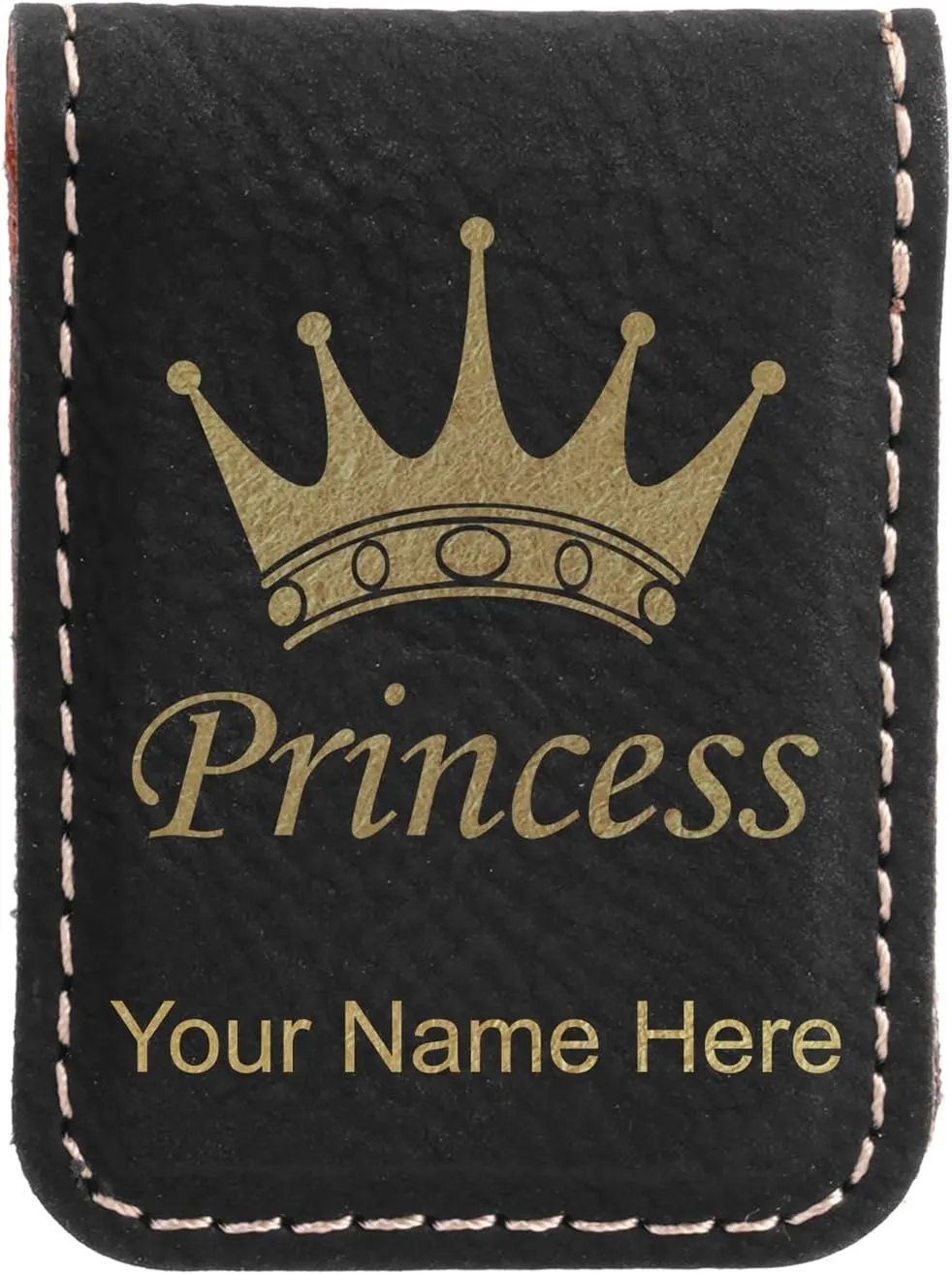LaserGram Slim Magnetic Money Clip, Princess Crown, Personalized Engraving Included (Black with Gold)